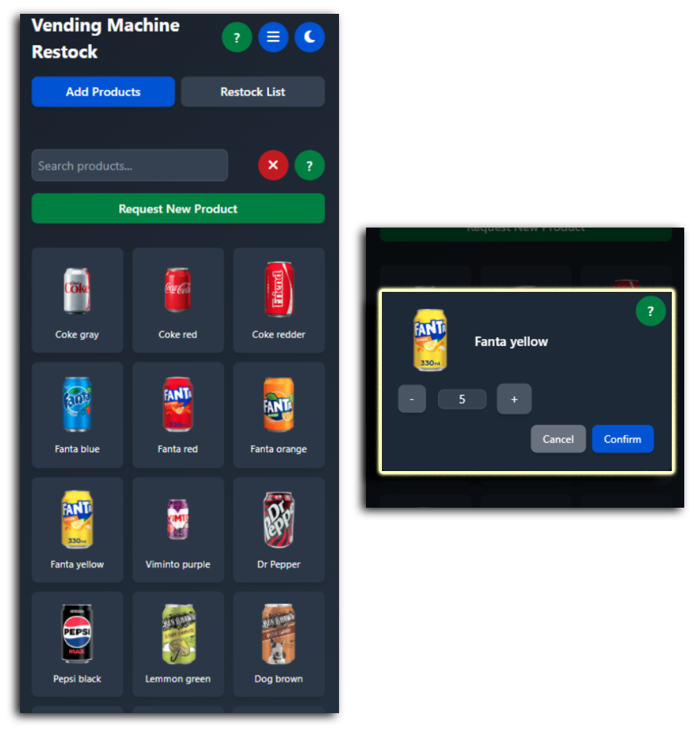Restocker: Add Products page showing product tiles and search