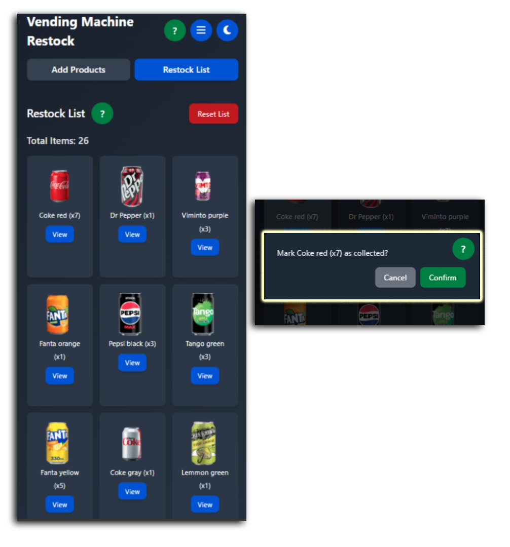 Restocker: Restock List showing selected items and collected confirmation